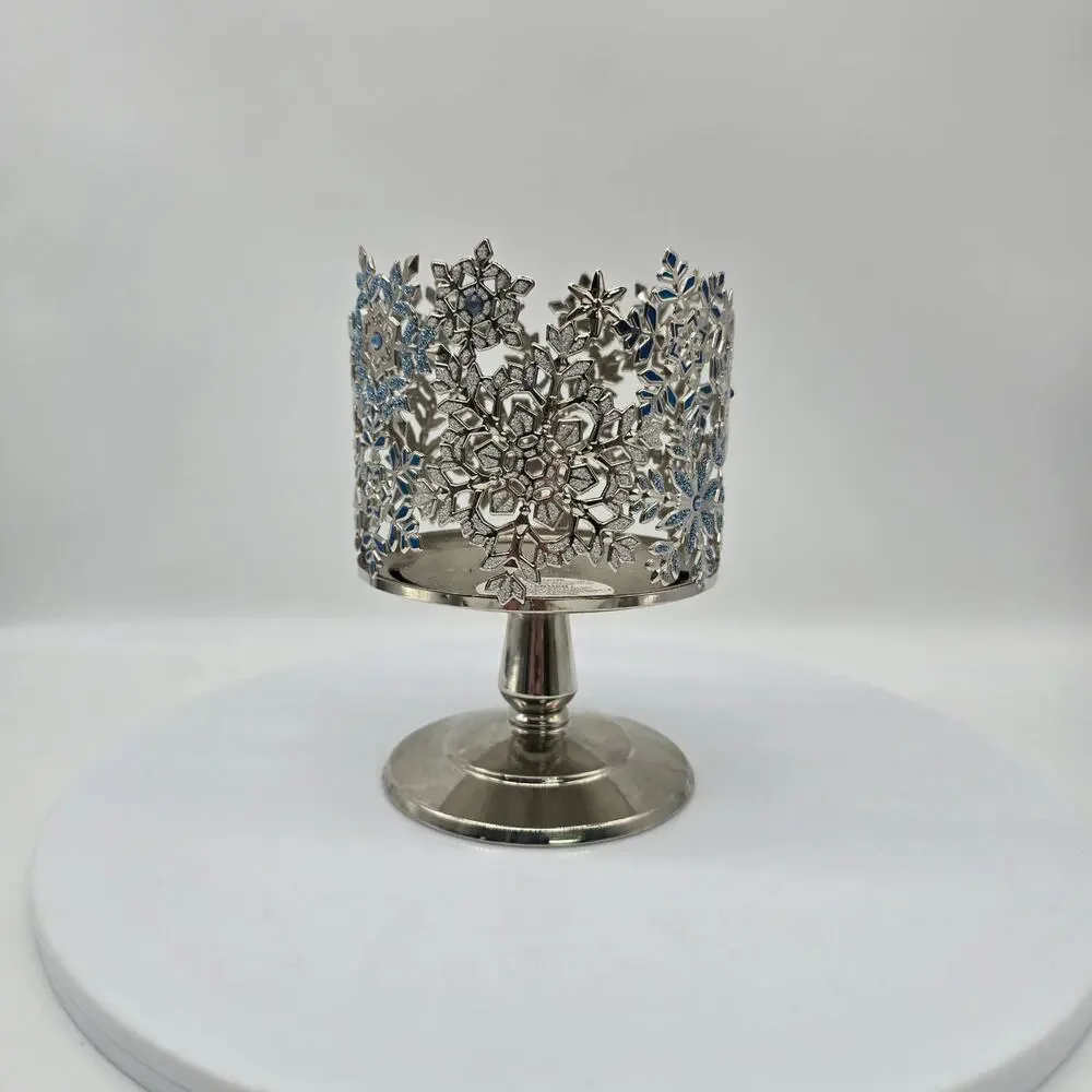 Bath & Body Works Jewels Snowflakes Pedestal 3 Wick Candle Holder Silver & Blue